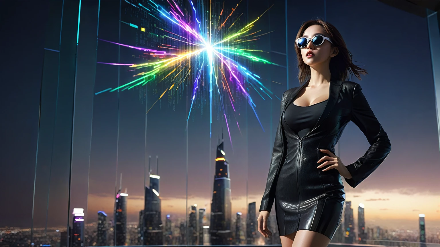 A futuristic cityscapes with colorful all-glass giant towering skyscrapers. High-resolution OLED GUI interfaces in the building, The windows are filled with transparent data visualization infographics that show it all, from weather patterns to traffic flow, Matrix cascading code. Colors are saturated and vibrant. At night, (1 female modern conjurer, solo), photo realistic, medium-breast:1.3 slim body, cleavage, sling top, miniskirt, (matrix style black sunglasses, magic power, mysterial sign, lightning), half-body thigh level medium shot, cinematic lighting, ray tracing.