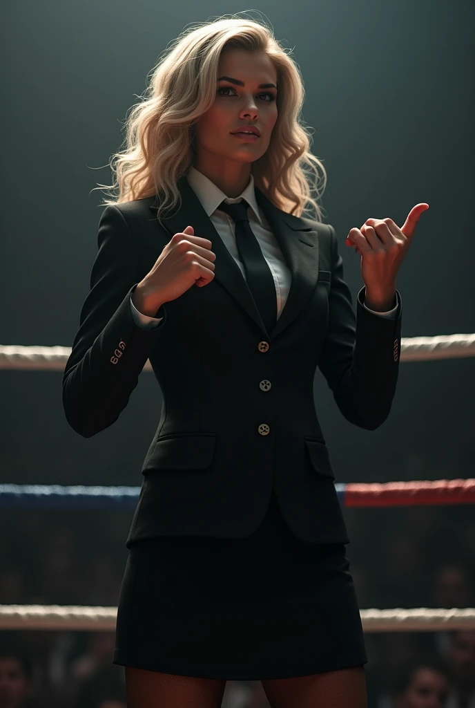 Female wearing suit and tie intense fighting in boxing ring, black suit, (three-piece suit), skirt suit, necktie, bodycon miniskirt, pantyhose, waistcoat, dynamic lighting, in the dark, deep shadow, low key, cowboy shot full-lenght body,fight stance, taunting, winning pose, preppy style, powerfull fight stance, focus, she win the fight pose, professional fighter fight stance, domination fight, avoiding punch from enemy while taunting, preppy fight style, laughing to the enemy, pointing to the camera, hands up professional fighter, hand touching her necktie to tease opponent, looking at viewer from below