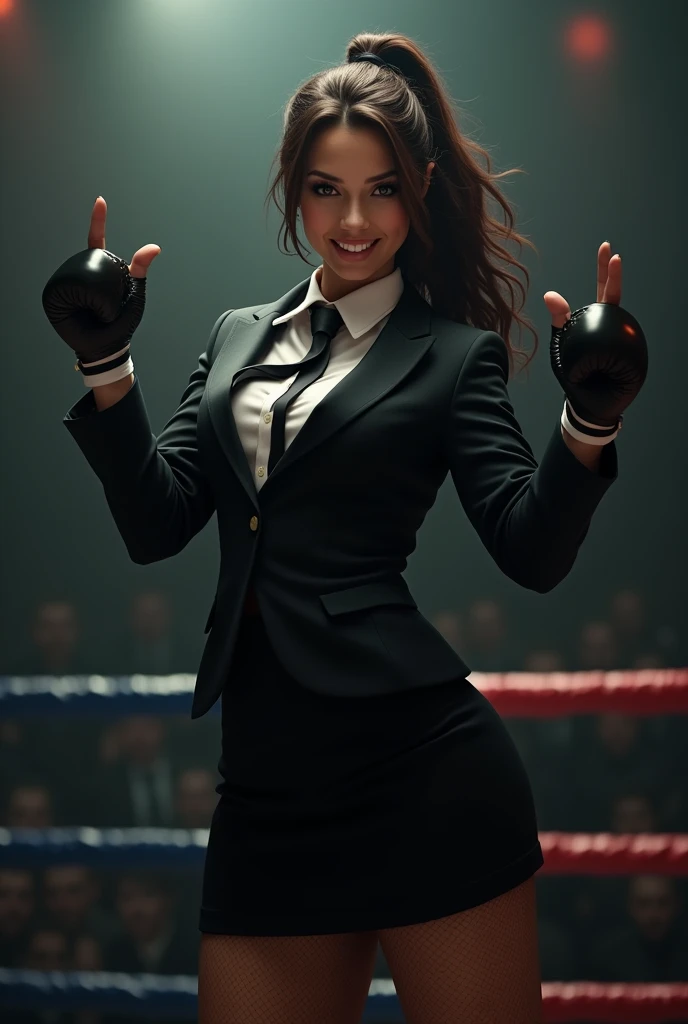 Female wearing suit and tie intense fighting in boxing ring, black suit, (three-piece suit), skirt suit, necktie, bodycon miniskirt, pantyhose, waistcoat, dynamic lighting, in the dark, deep shadow, low key, cowboy shot full-lenght body,fight stance, taunting, winning pose, preppy style, powerfull fight stance, focus, she win the fight pose, professional fighter fight stance, domination fight, avoiding punch from enemy while taunting, preppy fight style, laughing to the enemy, pointing to the camera, hands up professional fighter, hand touching her necktie to tease opponent, looking at viewer from below