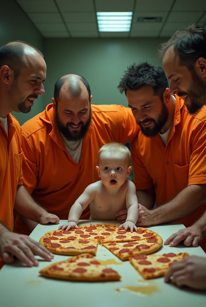 A group of hungry male inmates in orange uniforms around a table full of pizza and a baby on the table having fun playing innocently with the inmates&#39; food.