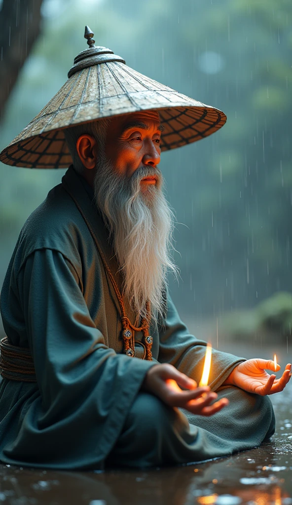3D illustration of a wise old man, concerned, inconspicuous asian man, with long facial hair, conical hat, meditating in slight rain, devine White skin, devine pale skin, glowing skin, 8K, detailed face, detailed conical hat, hyper quality,