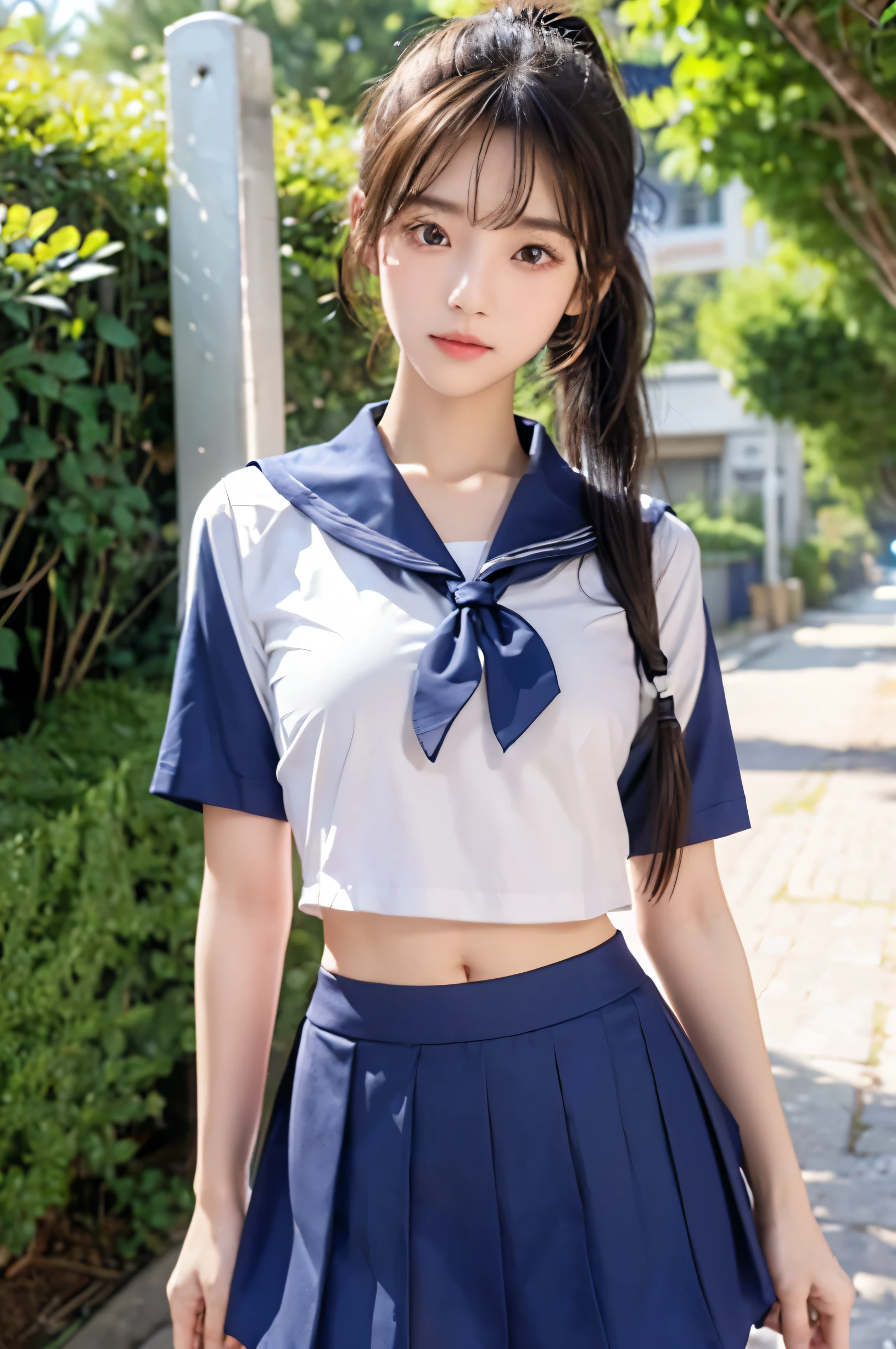 (Ultra HD), (Looking at me), (The whole body is shown), (Short-sleeved sailor uniform, Navy blue mini skirt), Big Breasts, slender, Narrow waist, (I can see my belly button:0.8), (Thin legs:1.2), (Thin thighs:1.2), (Thin Hips:1.4), (Beautiful Skin, Shiny skin, White skin), (Super slim face, Super beautiful face, No makeup, smile:0.8), (ponytail, Layered Cut, Fluffy hair), (double eyelid, Slanted Eyes), Small Nose, Thin lips, Are standing, In front of the school gate