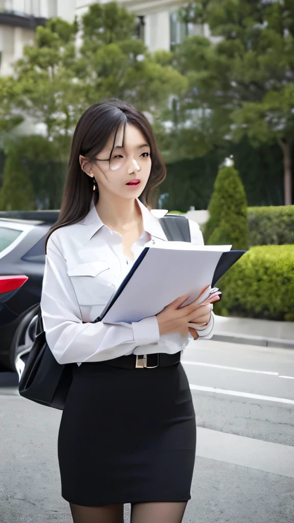 Female notary witnessing a transaction outdoors,Holding documents in hands,There are two parties signing documents nearby.,Demonstrate a professional attitude。