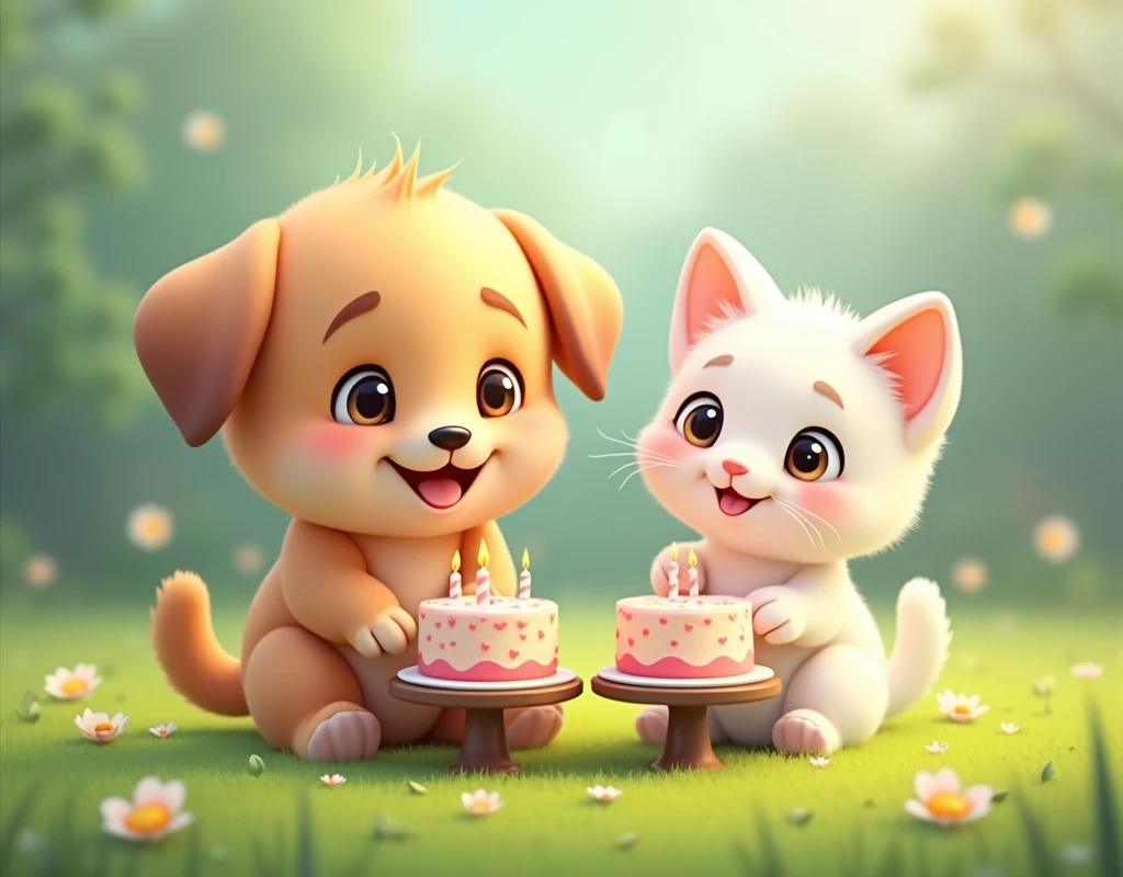 masterpiece,best composition,3d character,cartoon style,happy puppy,happy kitten,sitting side by side,on grass,small table in front of puppy,small table in front of kitten,birthday cake for dog on table,birthday cake for cat on table,cute,soothing.