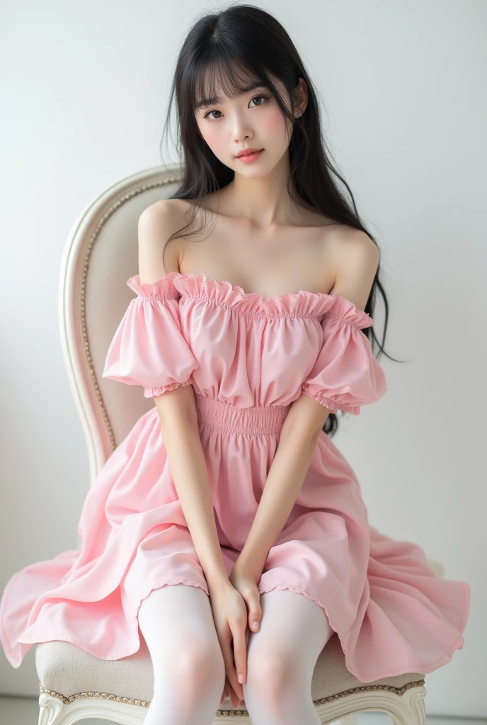 ((masterpiece))),(((best quality))),((Extremely detailed)), ((Extremely delicate and beautiful)),Super cute black hair,Pink ta dress girl. 8K ultra-high quality, Delicate texture, Pure white background,(Wear white pantyhose),Show long legs,sit on the chair,18-year-old girl