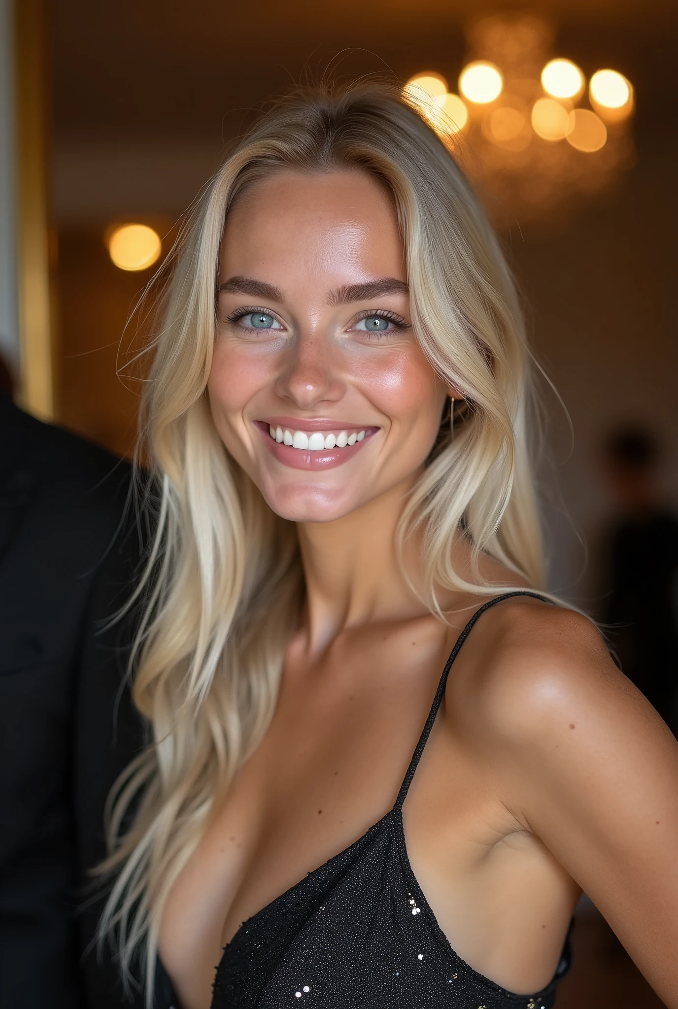 create an influencer,blonde hair,Scandinavian,light eyes,light brown skin,spotty,girl next door,Natural photo, spontaneous photo,55 mm linse, Permissive,at home, Background also sharp,smiling, further away from the camera ,natural posture, at a gala in a cocktail dress