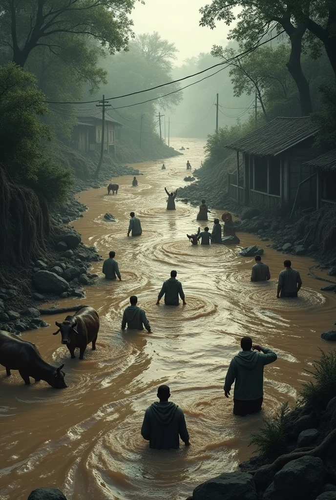 Muddy River Flooded disaster where animals and humans are suffering in it