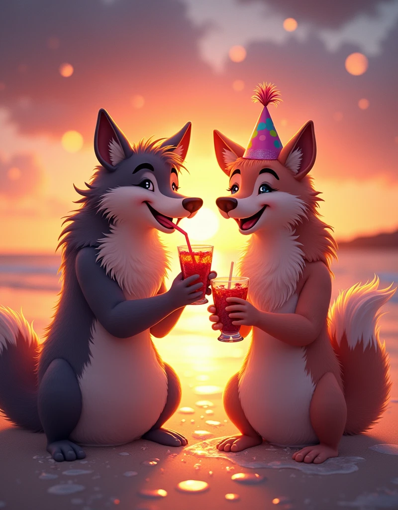 A jubilant wolf and his friend partying by a beach. They are enjoying a serene sunset, their drinks replaced with refreshing fruit juice. The wolf's friend, celebrating his birthday, is adorned with a fetching festive hat. The setting is relaxed and cheerful, with laughter echoing around them. The shimmering water nearby lends the scene an effervescent glow, mocking the dwindling twilight. The two are clearly enjoying the laid back , reflecting a sense of camaraderie, joyousness and mirth.