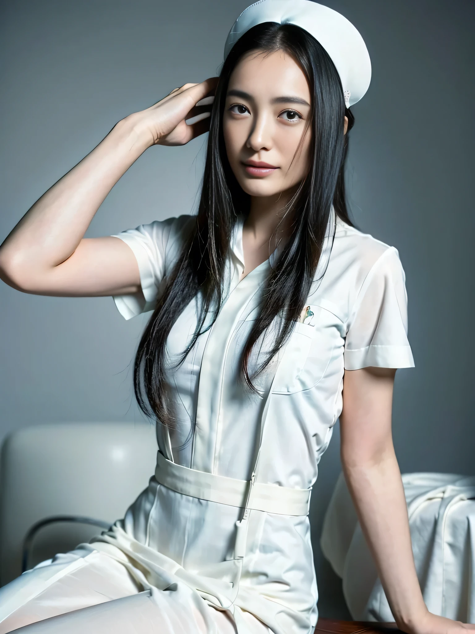 1 girl,(Wearing white nurse clothes:1.2),(RAW Photos, Highest quality), (Realistic, photo-Realistic:1.4), masterpiece, Very delicate and beautiful, Very detailed, 2k wallpaper, wonderful, finely, Very detailed CG unity 8k wallpaper, Very detailedな, High resolution, Soft Light, Beautiful detailed, Very detailed eyes and face, Beautiful and detailed nose, finely beautiful eyes, nurse, Perfect Anatomy, Black Hair, Upstyle, nurse uniform, ((nurse cap)), Long skirt, nurse, White costume, thin, hospital, clear, White Uniform, hospital room, Neck auscultation
