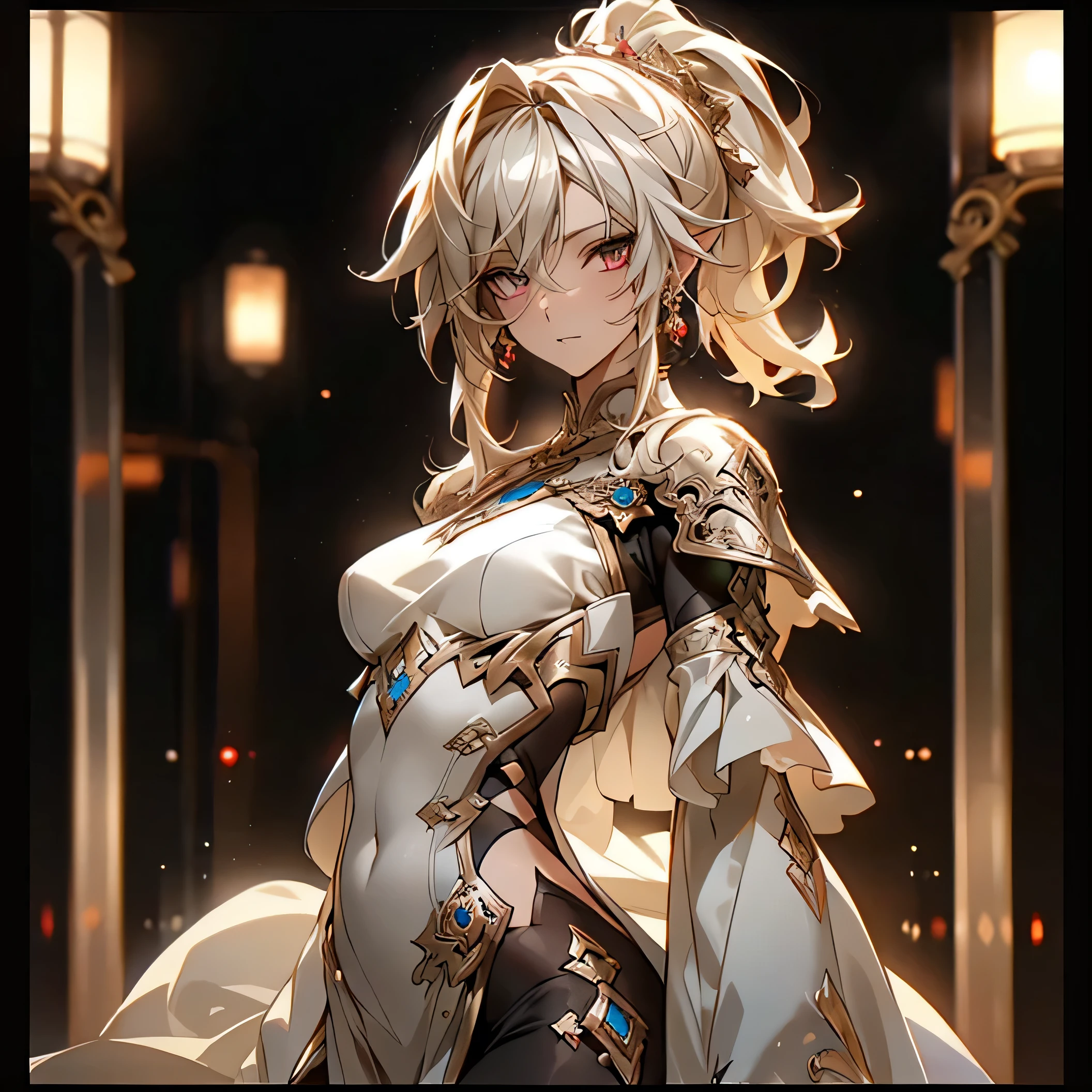 (best quality)), ((Masterpiece)), (details:1.4), 3d, HDR (high dynamic range), an image of a beautiful cyberpunk female, Blonde hair, High Ponytail, SLEEK Style, Red eyes, hips up, จมูกโด่ง, ปากแดง, หน้าอกใหญ่, nvidia RTX, PBR surface, After processing, Anisotropic filtration,depth of field, Maximum clarity and clarity, multi-layered surface, Subsurface scattering, perfect proportions, 8K raw files, ultra detailed, Perfect proportions, volumetric lighting, soft lighting, Holy Paladin, Heavy Black Armor, intricate silver embroidery, glossy skin, gorgeous, intricate grey background, strong back lighting, jewely, ต่างหู , นิ้วมือสมบูรณ์, กระโปรงสั้น