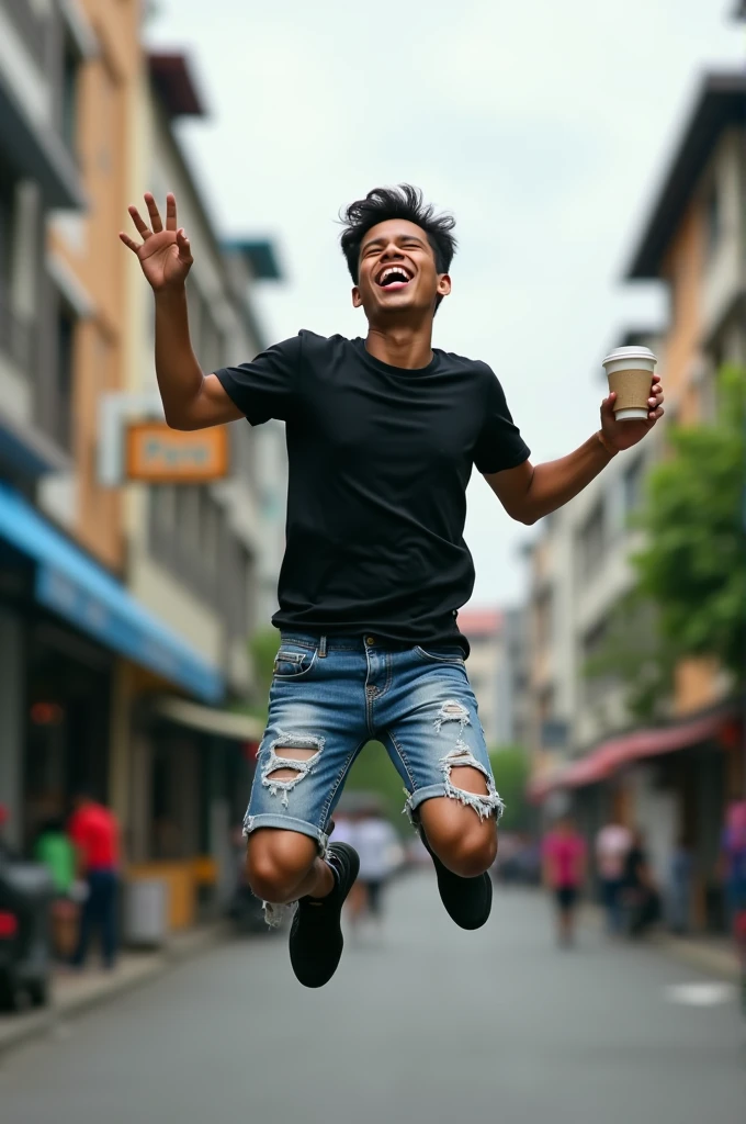 a young Indonesian man who looks very happy and enthusiastic. He was wearing a black t-shirt, short jeans ripped at the knees, and black sneakers. This young man was jumping high in the middle of a city street while holding a cup of tea in his right hand and showing a cheerful facial expression with his tongue hanging out. the back side of the sign says "PARE". shows a city street with buildings on both sides slightly blurred, making the main focus on the man.
