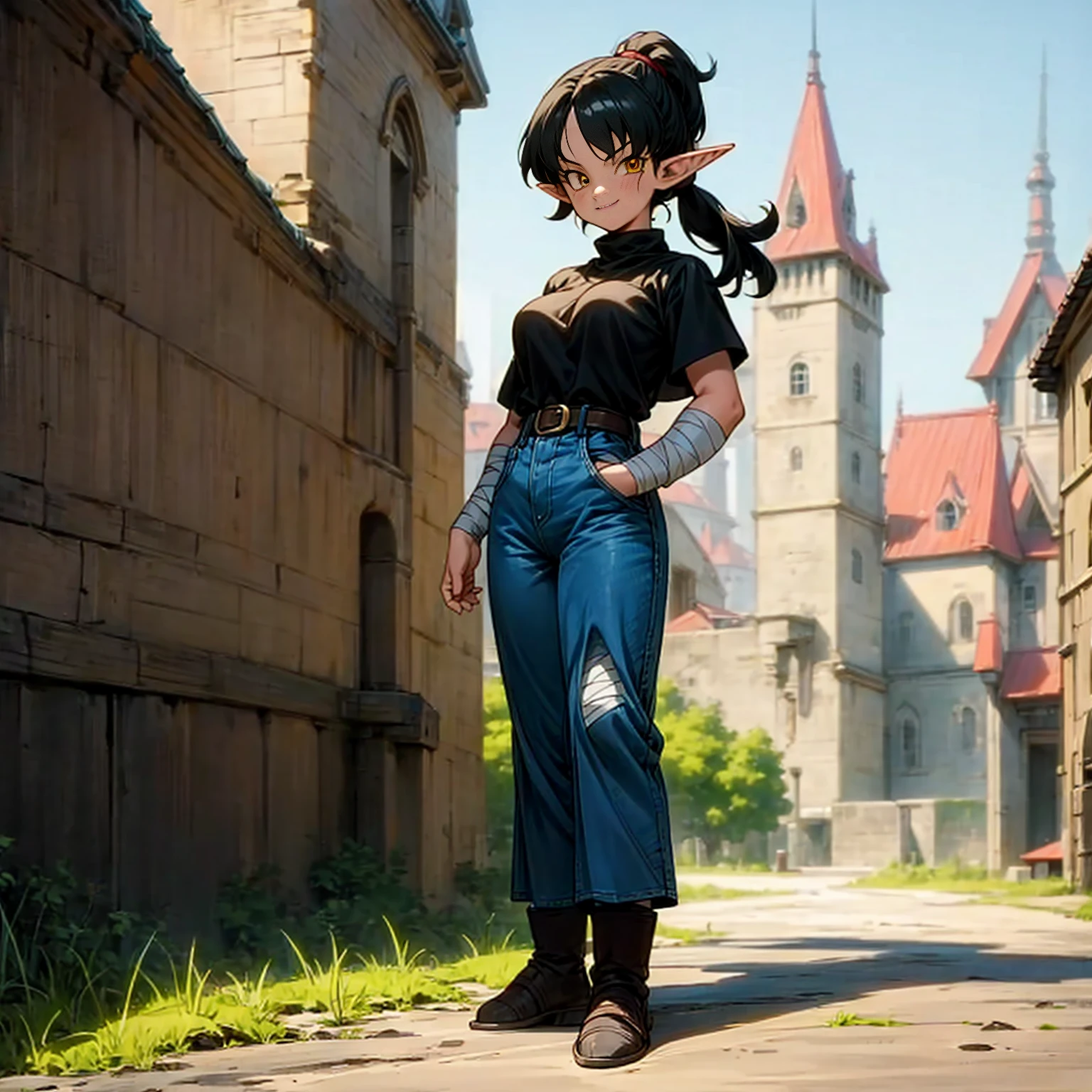 Solo character, full body version, girl, muscle, big breast, (elf), yellow eyes, black color hair, short haircut, ponytail, blue shirt, long jeans, bandage, shoes, outdoor, town, medieval, standing gesture, detailed background, detailed clothing, detailed hair, (Hunter x Hunter style art), happy eyes, smile mouth,