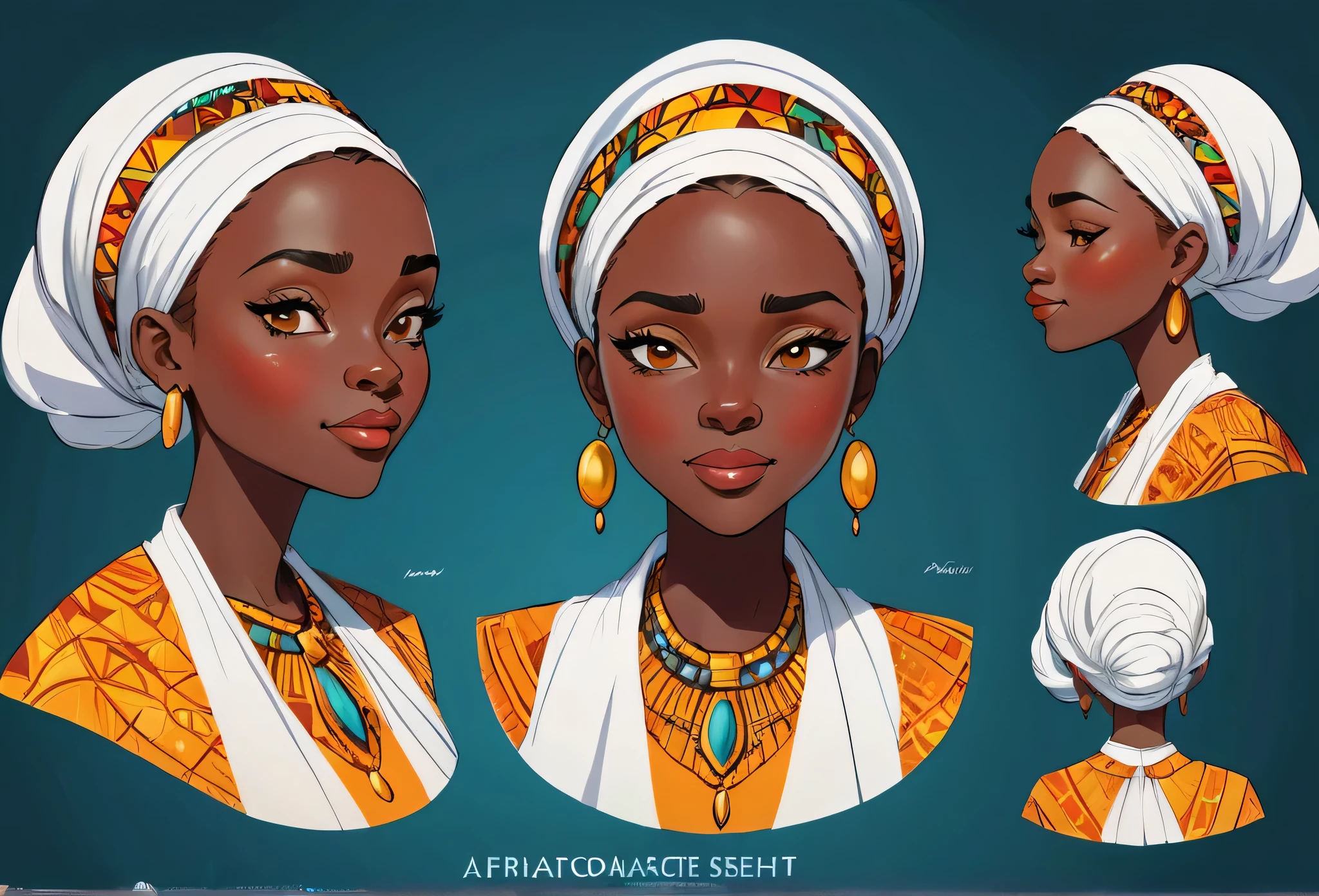  A 30 years old lady (character design sheet) face study for animation, different expressions and view points, front view, side view and back view
African (masterpiece best quality:1.2) delicate illustration ultra-detailed, illustrations, bright, colourful, 