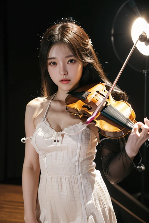 (20-year-old Japanese top idol), (Small breasts,:1.5,),(solo,Textured skin, High detail, Highest quality, Super detailed, Surrealism, realism,8k,RAW Photos,Professional Lighting,),(((Live house lighting,violinist,Rock Violin,Standing and playing the violin,Bob Hair,Full Body Shot,dress,Spotlight)))
