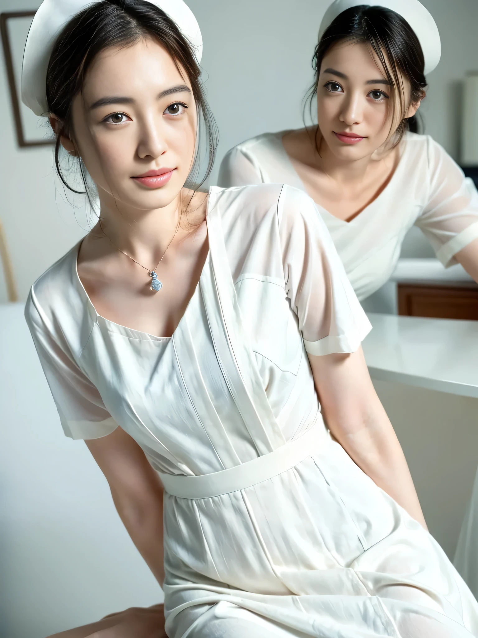 1 girl,(Wearing white nurse clothes:1.2),(RAW Photos, Highest quality), (Realistic, photo-Realistic:1.4), masterpiece, Very delicate and beautiful, Very detailed, 2k wallpaper, wonderful, finely, Very detailed CG unity 8k wallpaper, Very detailedな, High resolution, Soft Light, Beautiful detailed, Very detailed eyes and face, Beautiful and detailed nose, finely beautiful eyes, nurse, Perfect Anatomy, Black Hair, Upstyle, nurse uniform, ((nurse cap)), Long skirt, nurse, White costume, thin, hospital, clear, White Uniform, hospital room, Neck auscultation