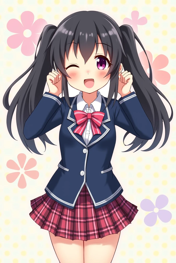 An adorable anime-style illustration featuring a cheerful schoolgirl with long black hair styled in twin-tails. The character is shown in a playful pose, holding both of her twin-tails up with a smile and winking one eye. She is wearing a navy blue school uniform with a plaid skirt, white undershirt, and a pink bow at the collar. The uniform is detailed with a blazer that has white piping along the edges and a matching plaid pattern on the lapels. The background is light and cheerful, decorated with soft pastel-colored flowers and polka dots, which enhance the playful and cute atmosphere of the scene. The character's expression is lively and energetic, capturing a moment of joy and youthfulness.