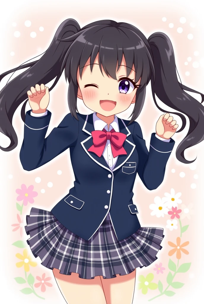 An adorable anime-style illustration featuring a cheerful schoolgirl with long black hair styled in twin-tails. The character is shown in a playful pose, holding both of her twin-tails up with a smile and winking one eye. She is wearing a navy blue school uniform with a plaid skirt, white undershirt, and a pink bow at the collar. The uniform is detailed with a blazer that has white piping along the edges and a matching plaid pattern on the lapels. The background is light and cheerful, decorated with soft pastel-colored flowers and polka dots, which enhance the playful and cute atmosphere of the scene. The character's expression is lively and energetic, capturing a moment of joy and youthfulness.