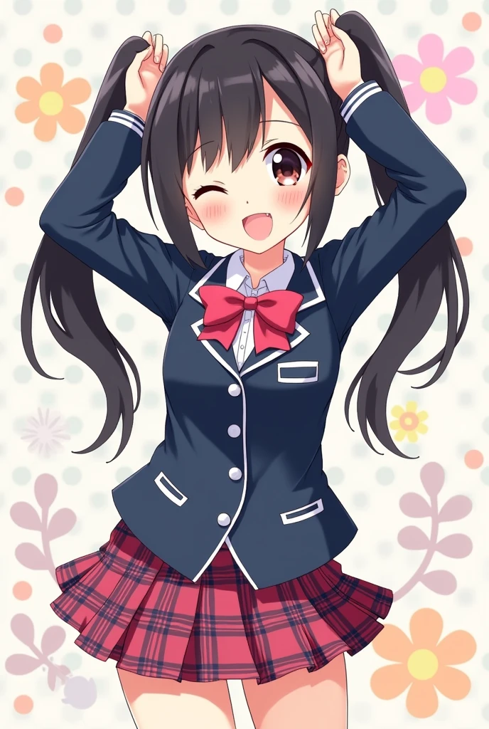 An adorable anime-style illustration featuring a cheerful schoolgirl with long black hair styled in twin-tails. The character is shown in a playful pose, holding both of her twin-tails up with a smile and winking one eye. She is wearing a navy blue school uniform with a plaid skirt, white undershirt, and a pink bow at the collar. The uniform is detailed with a blazer that has white piping along the edges and a matching plaid pattern on the lapels. The background is light and cheerful, decorated with soft pastel-colored flowers and polka dots, which enhance the playful and cute atmosphere of the scene. The character's expression is lively and energetic, capturing a moment of joy and youthfulness.