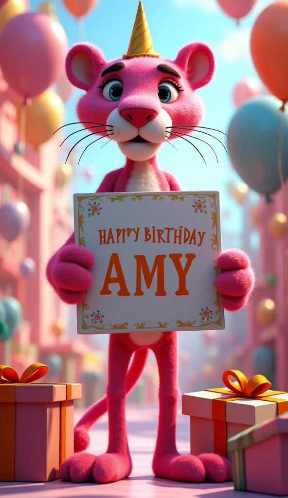 Pink panther holding a giant card with the letters "HAPPY BIRTHDAY AMY" balloons, gift boxes