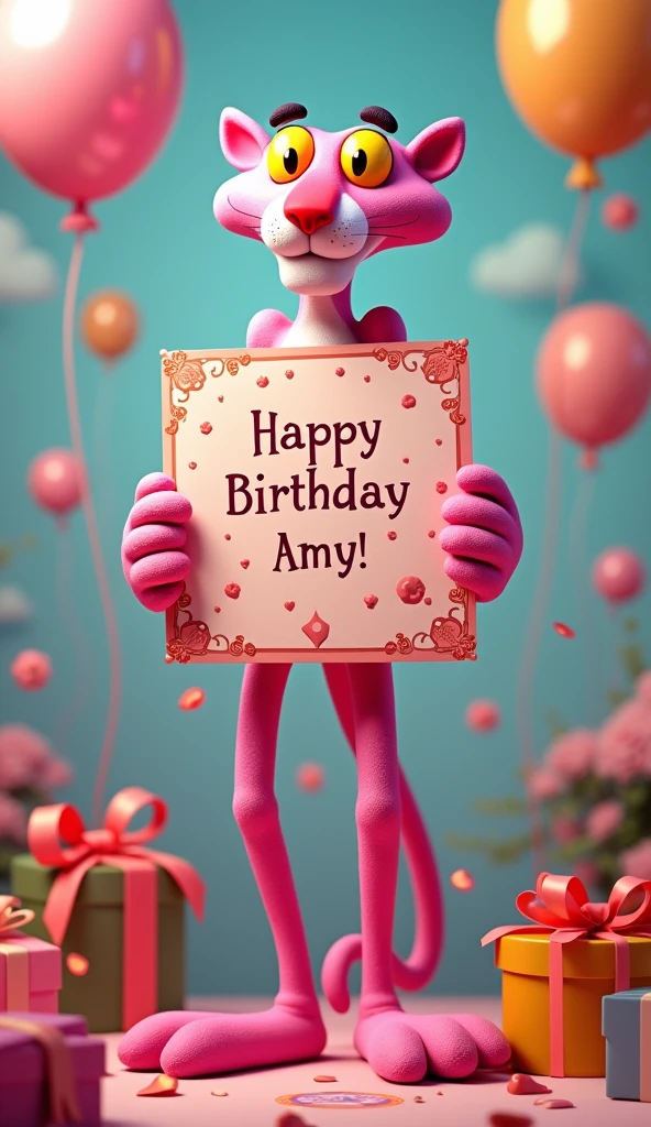 Pink panther holding a giant card with the letters "HAPPY BIRTHDAY AMY" balloons, gift boxes
