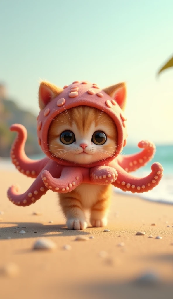 3D cute brown kitten character、Happy Octopus Costume、running、coastal、masterpiece, Background Blur, Character portrait, 