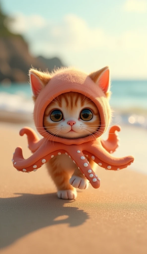3D cute brown kitten character、Happy Octopus Costume、running、coastal、masterpiece, Background Blur, Character portrait,