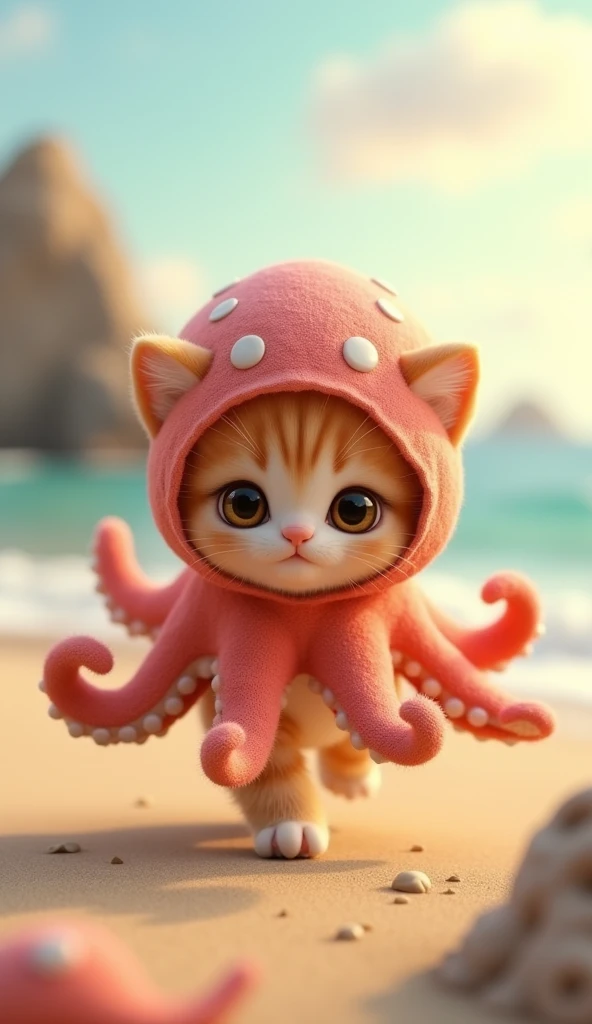 3D cute brown kitten character、Happy Octopus Costume、running、coastal、masterpiece, Background Blur, Character portrait,