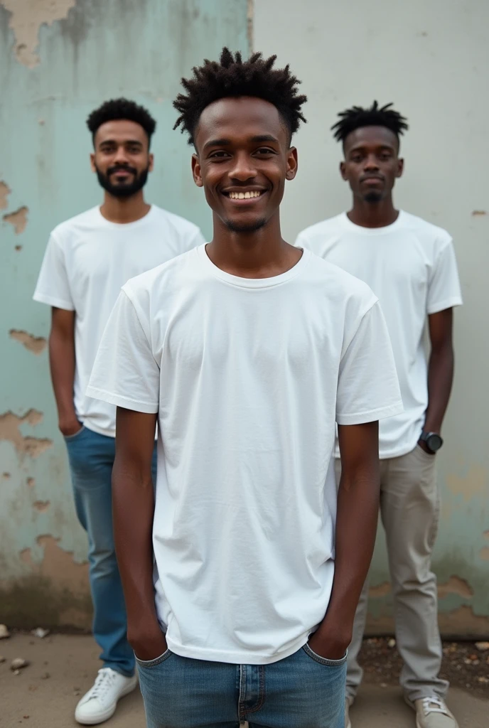 Create a split-image of the same light skinned 21 years old Ethiopian man shown side by side against a messed up wall as a background to illustrate a before and after transformation. In the 'before' image on the left, depict the man as shorter and wearing a plain white T-shirt and jeans. In the 'after' image on the right, show the same man taller, with no change in physique, wearing the same white T-shirt but with casual pants instead. Both images should have the man smiling and looking directly at the camera, with a noticeable difference in height and little difference on presence. The background should be the same for both pictures and minimalist with natural lighting, highlighting the transformation. Make the picture realistic