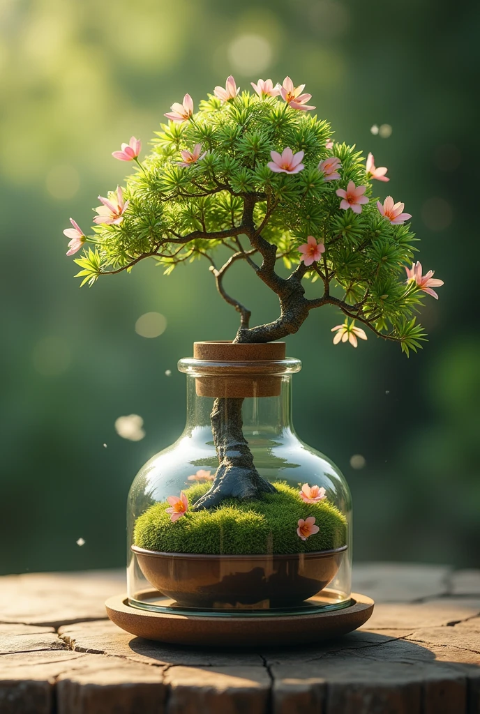 Like a dreamArt bonsai tree in a bottle, Fluffy, Practical, photo, Canon, Like a dream, Art, Colorful leaves and branches with flowers overhead. hyperdetailed photorealism by greg rutkowski - h 1024 w 804 | f 1 6 Lens mark 2:2 s 3555 mm film grain :1 Realistic high-resolution sharp focus contrast!! intricate detailed atmospheric light refraction lighting unreal engine 5 cinematic concept photography masterpiece octane render trending at cgsociety rendered as