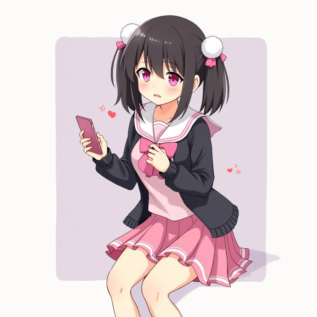 One person, Black Hair,Pink inner color,Half Twin Tail, bangs,Pink Eyes, Droopy eyes,Hearts in eyes, White fluffy hair accessory,Pink hair ribbon, An illustration,skirt,Frills,Mine system,smartphone,Pink Sailor Suit,Dark cardigan,Drooping eyes,Confused eyes,Worried brow,Yandere,Simple background,smartphone,delivery,Illness,high school student,重めパッツンbangs,Half Twin Tail,Disdainful gaze