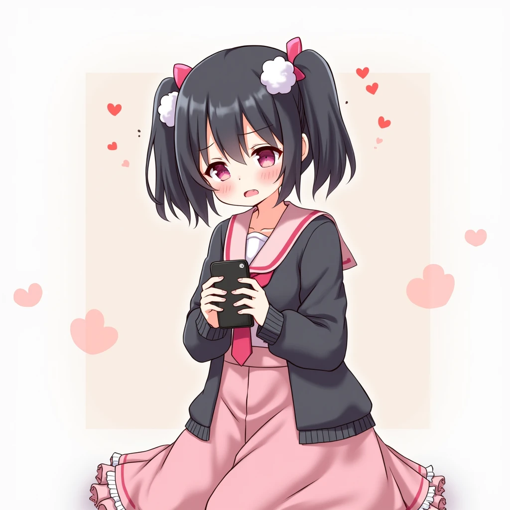 One person, Black Hair,Pink inner color,Half Twin Tail, bangs,Pink Eyes, Droopy eyes,Hearts in eyes, White fluffy hair accessory,Pink hair ribbon, An illustration,skirt,Frills,Mine system,smartphone,Pink Sailor Suit,Dark cardigan,Drooping eyes,Confused eyes,Worried brow,Yandere,Simple background,smartphone,delivery,Illness,high school student,重めパッツンbangs,Half Twin Tail,Disdainful gaze