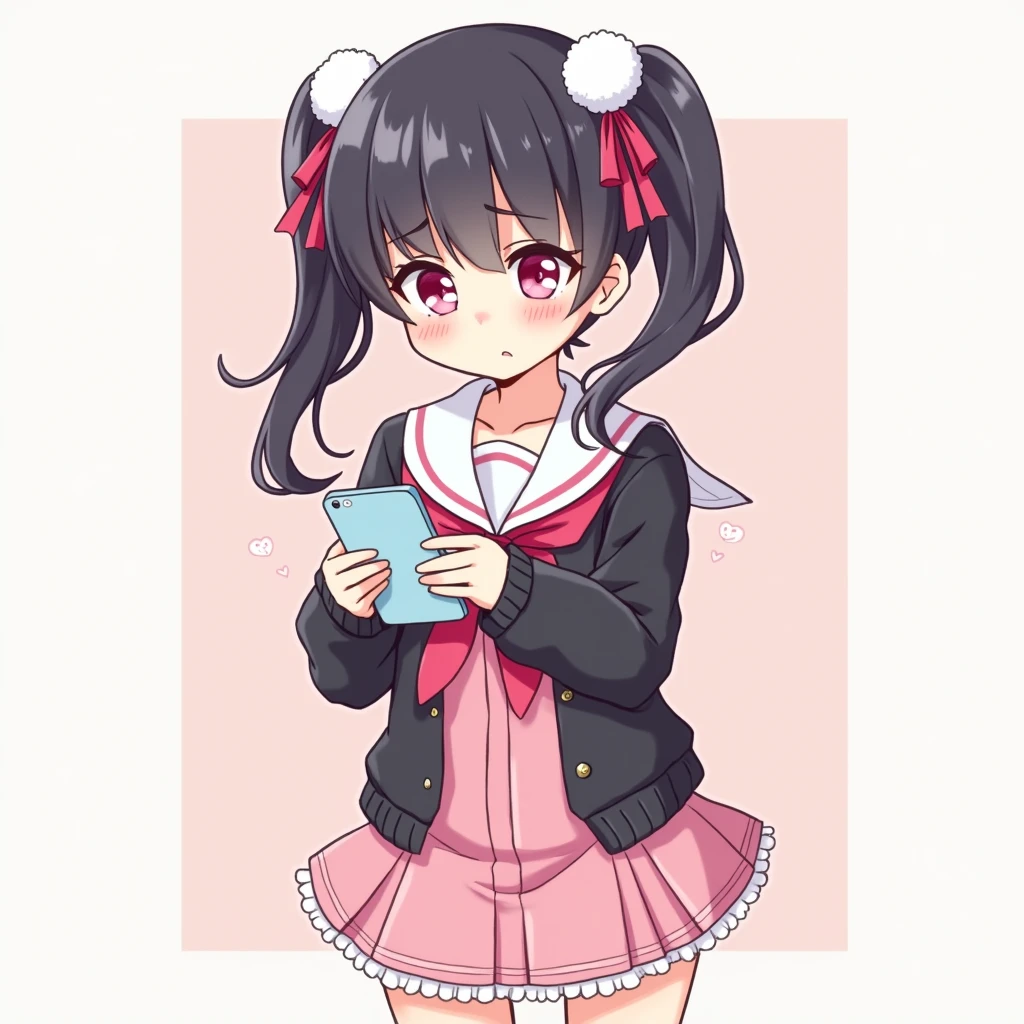 One person, Black Hair,Pink inner color,Half Twin Tail, bangs,Pink Eyes, Droopy eyes,Hearts in eyes, White fluffy hair accessory,Pink hair ribbon, An illustration,skirt,Frills,Mine system,smartphone,Pink Sailor Suit,Dark cardigan,Drooping eyes,Confused eyes,Worried brow,Yandere,Simple background,smartphone,delivery,Illness,high school student,重めパッツンbangs,Half Twin Tail,Disdainful gaze