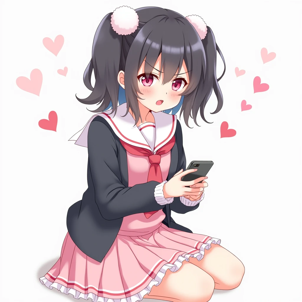 One person, Black Hair,Pink inner color,Half Twin Tail, bangs,Pink Eyes, Droopy eyes,Hearts in eyes, White fluffy hair accessory,Pink hair ribbon, An illustration,skirt,Frills,Mine system,smartphone,Pink Sailor Suit,Dark cardigan,Drooping eyes,Confused eyes,Worried brow,Yandere,Simple background,smartphone,delivery,Illness,high school student,重めパッツンbangs,Half Twin Tail,Disdainful gaze