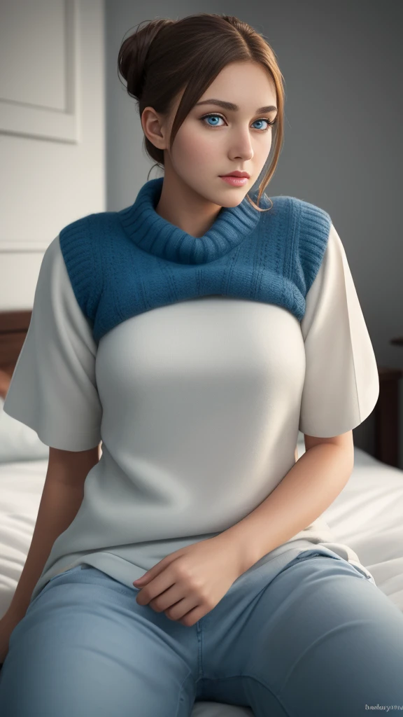 teen girl , brown bun , blue eyes , , symmetrical eyes , super tall , realistic , detailed face , casual wear , RAW photos , top quality , masterpiece , RAW color photos at Professional high profile, sitting on the bed in the bedroom, 3D, 30k, beautiful light, Shallow depth of light , Exquisite clothing details, high-detail, UDR, crisp focus, Physics-based rendering