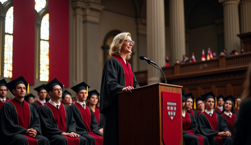 
A stage at Harvard University with J.K. Rowling delivering her famous speech, with an overlay of her quote, “It is impossible to live without failing at something...”