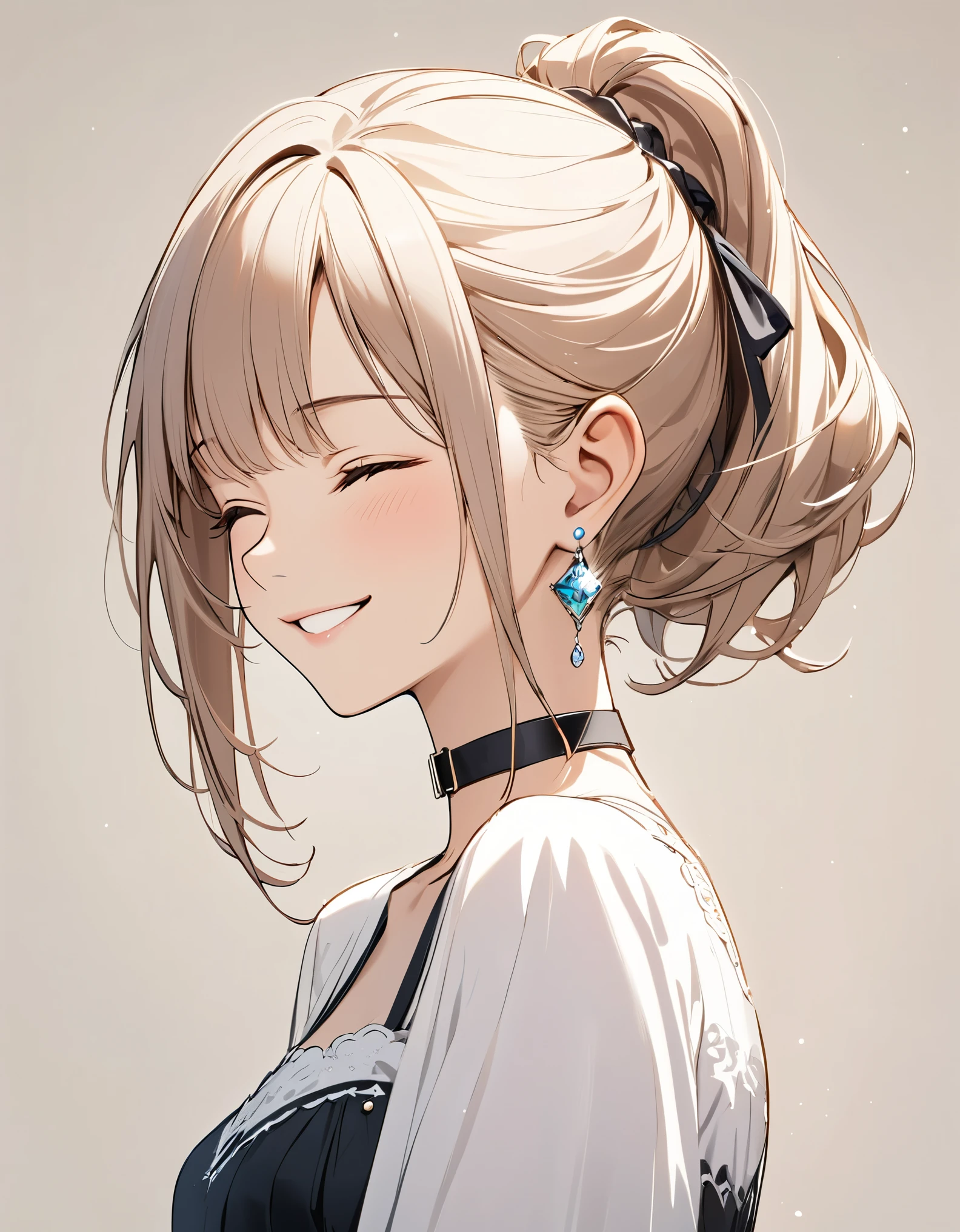 best quality, beautiful, hair tie, 8K, happy face, close eyes, side body, head tilt look view, slim, dress, earrings, choker, concept