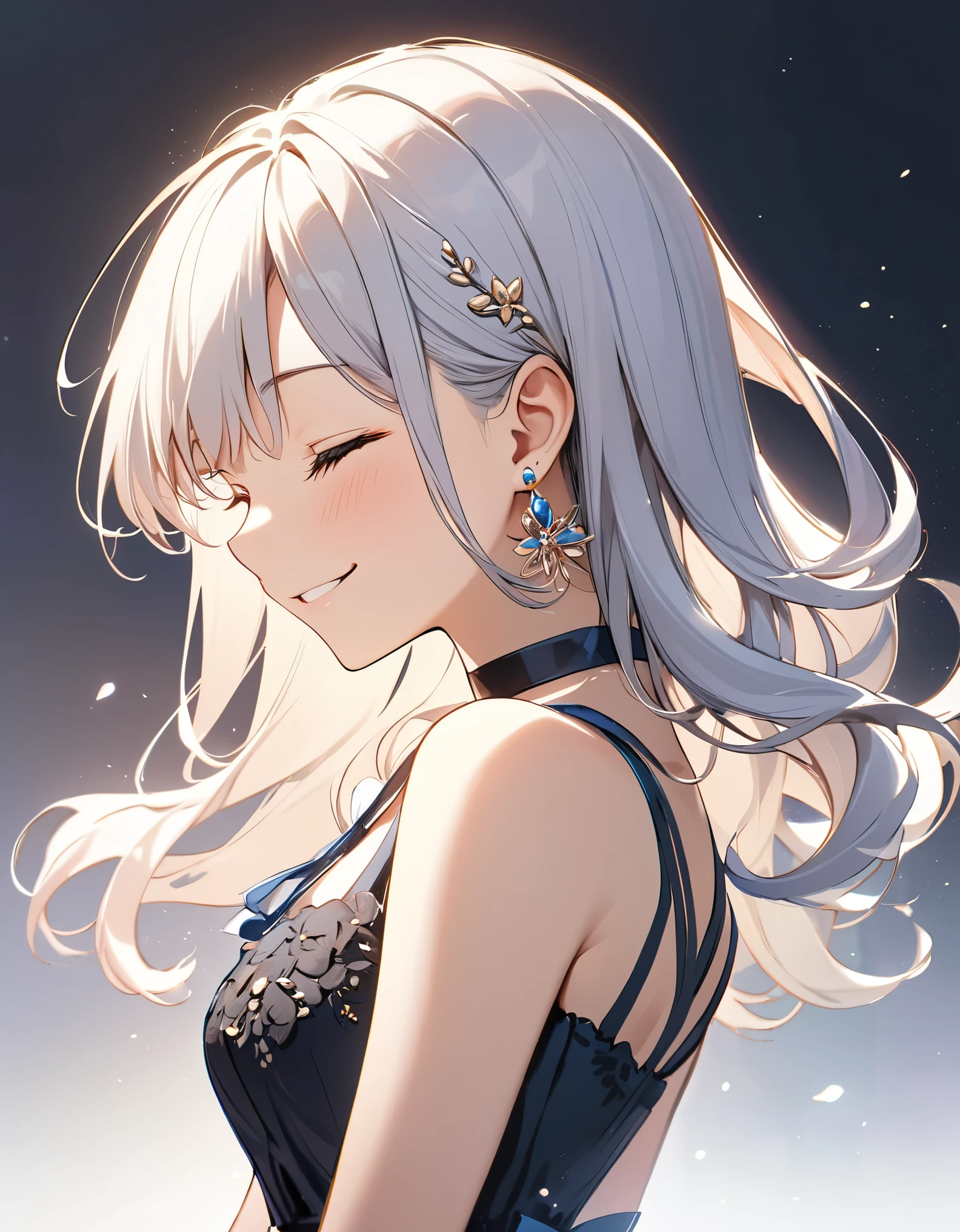 best quality, beautiful, hair tie, 8K, happy face, close eyes, side body, head tilt look view, slim, dress, earrings, choker, concept