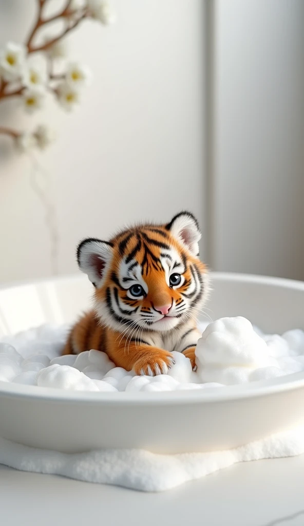 A chubby and cute little tiger, Very small，Big bright eyes, Cute and cuddly，Fluffy, Delicate and exquisite, Real version of tiger cub，Play with real white foam in the bathroom，Pure white high-end bathroom background