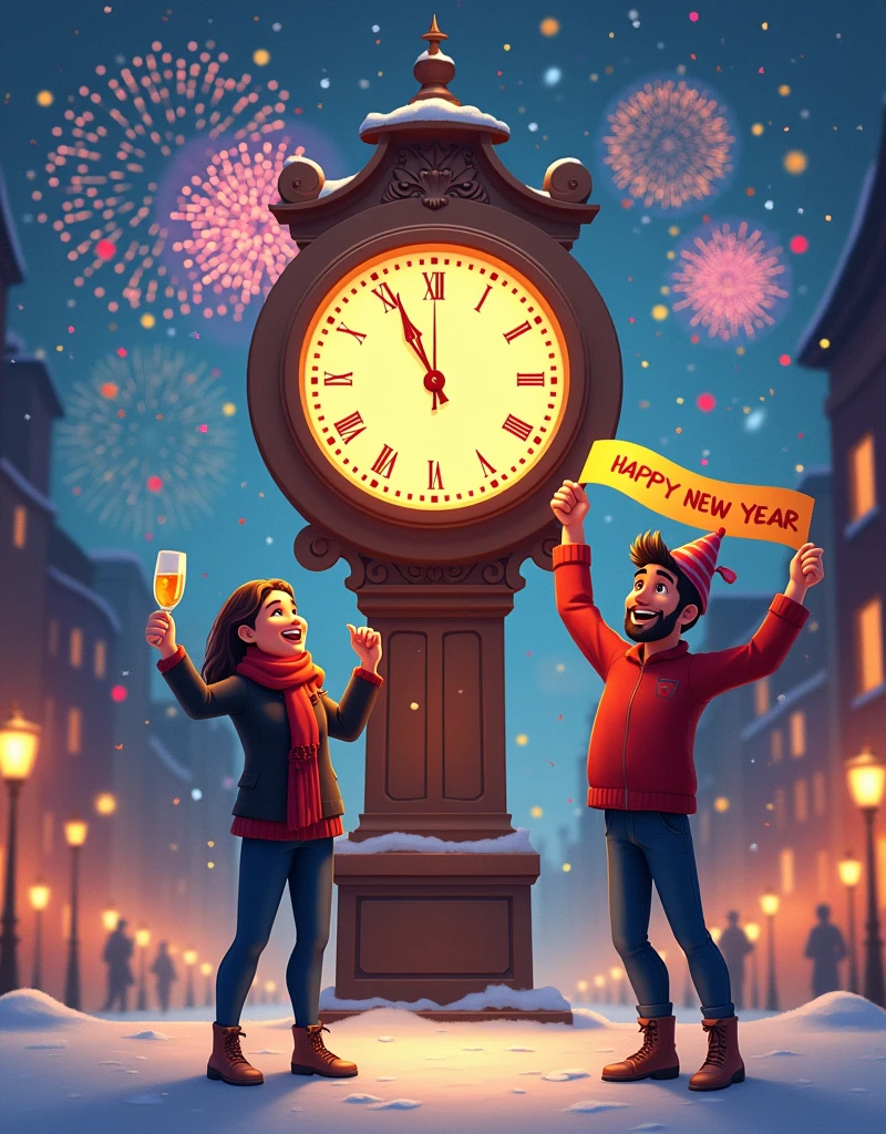 A vibrant scene celebrating the arrival of the New Year. A large, ornate clock striking midnight in the center. Beautifully decorated with colorful confetti falling gently from the sky. A middle-aged Caucasian woman on the left, cheering with a glass of champagne in her hand. A young South Asian man on the right, wearing a  hat and holding up a 'Happy New Year' banner in delight. The ground is covered in a layer of fresh snow, reflecting the lights of the surrounding urban landscape. In the background, a myriad of multi-colored fireworks explode, lighting up the night sky, signaling the start of the new year.