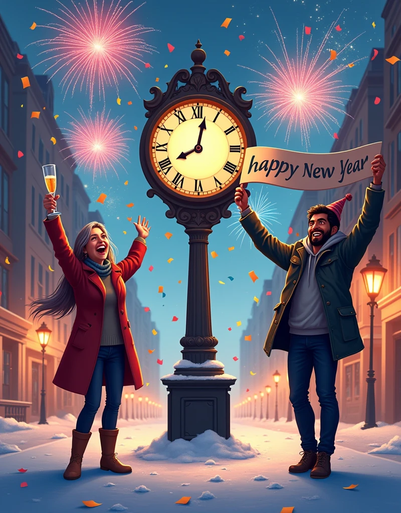 A vibrant scene celebrating the arrival of the New Year. A large, ornate clock striking midnight in the center. Beautifully decorated with colorful confetti falling gently from the sky. A middle-aged Caucasian woman on the left, cheering with a glass of champagne in her hand. A young South Asian man on the right, wearing a hat and holding up a 'Happy New Year' banner in delight. The ground is covered in a layer of fresh snow, reflecting the lights of the surrounding urban landscape. In the background, a myriad of multi-colored fireworks explode, lighting up the night sky, signaling the start of the new year.