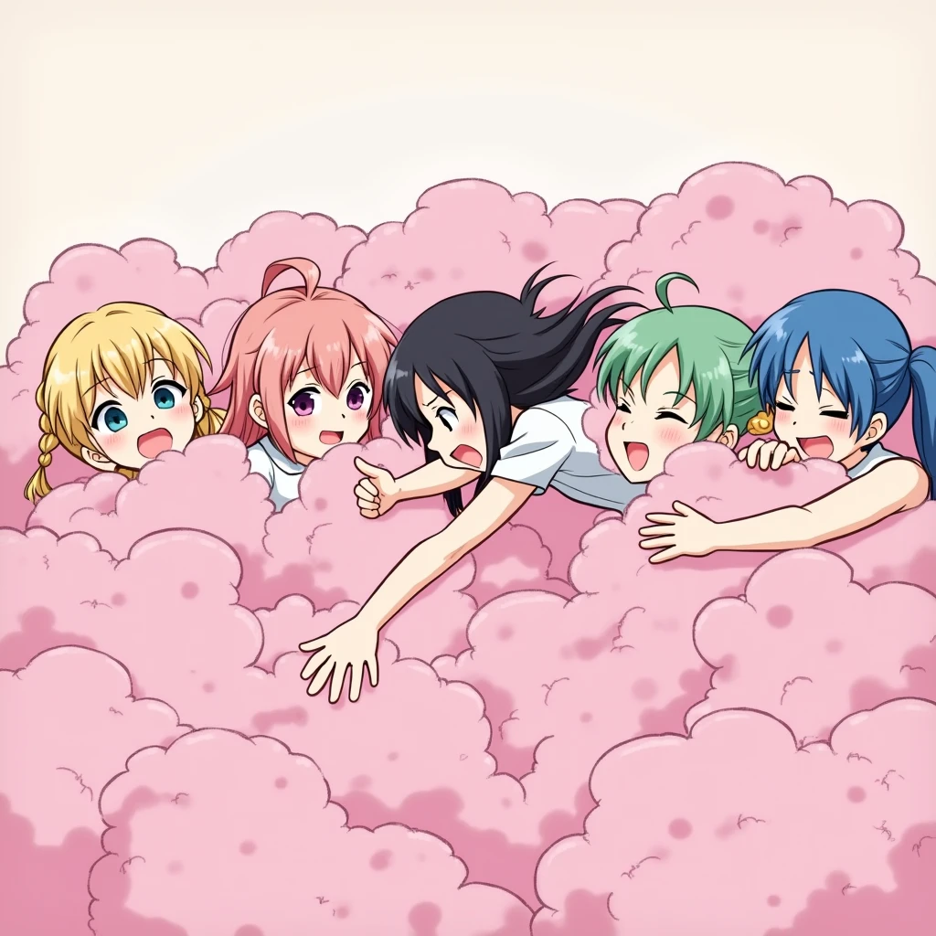 An anime-style illustration depicting four girls and lady playfully wrestling with each other inside a pink comical fight cloud (dust cloud).
each girl has different colored hair: one with blonde braided,another with pink ponytaile,another with blue bobcuts,another with green twin tailes and one lady with black long hiar.
their faces,hands,and feet are visible emerging from the cloud as they tussle humorously, with the rest of their bodies completely hidden inside the cloud.
the illustration emphasizes the humorous and energetic nature of their scuffle,with a fluffy andexaggerated fight cloud.