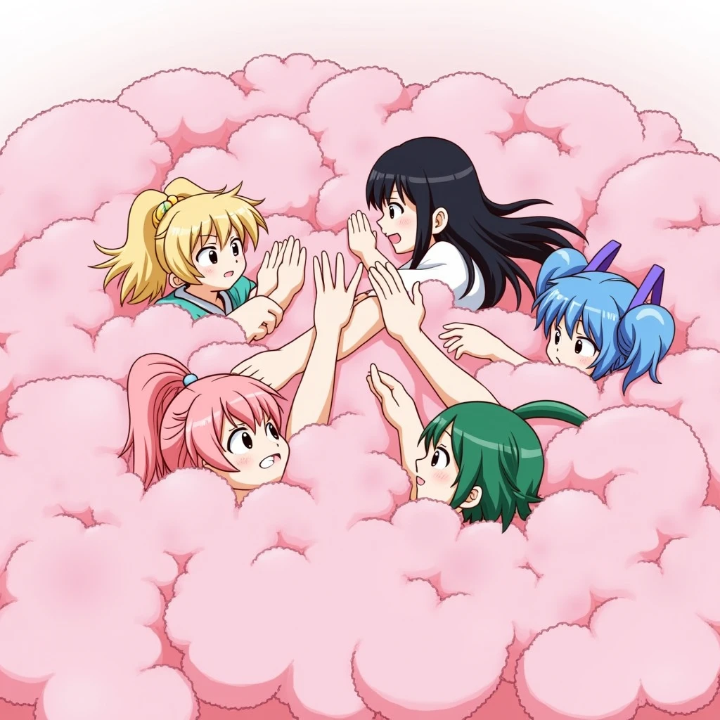 An anime-style illustration depicting four girls and lady playfully wrestling with each other inside a pink comical fight cloud (dust cloud).
each girl has different colored hair: one with blonde braided,another with pink ponytaile,another with blue bobcuts,another with green twin tailes and one lady with black long hiar.
their faces,hands,and feet are visible emerging from the cloud as they tussle humorously, with the rest of their bodies completely hidden inside the cloud.
the illustration emphasizes the humorous and energetic nature of their scuffle,with a fluffy andexaggerated fight cloud.