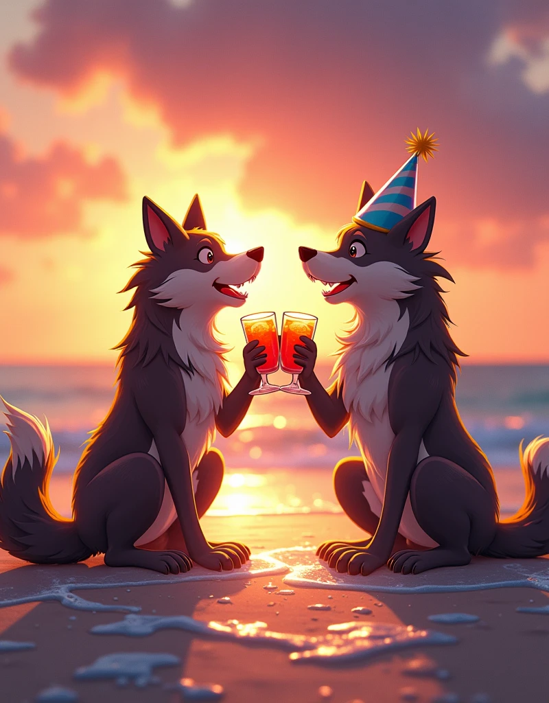A jubilant wolf and his friend partying by a beach. They are enjoying a serene sunset, their drinks replaced with refreshing fruit juice. The wolf's friend, celebrating his birthday, is adorned with a fetching festive hat. The setting is relaxed and cheerful, with laughter echoing around them. The shimmering water nearby lends the scene an effervescent glow, mocking the dwindling twilight. The two are clearly enjoying the laid back , reflecting a sense of camaraderie, joyousness and mirth.