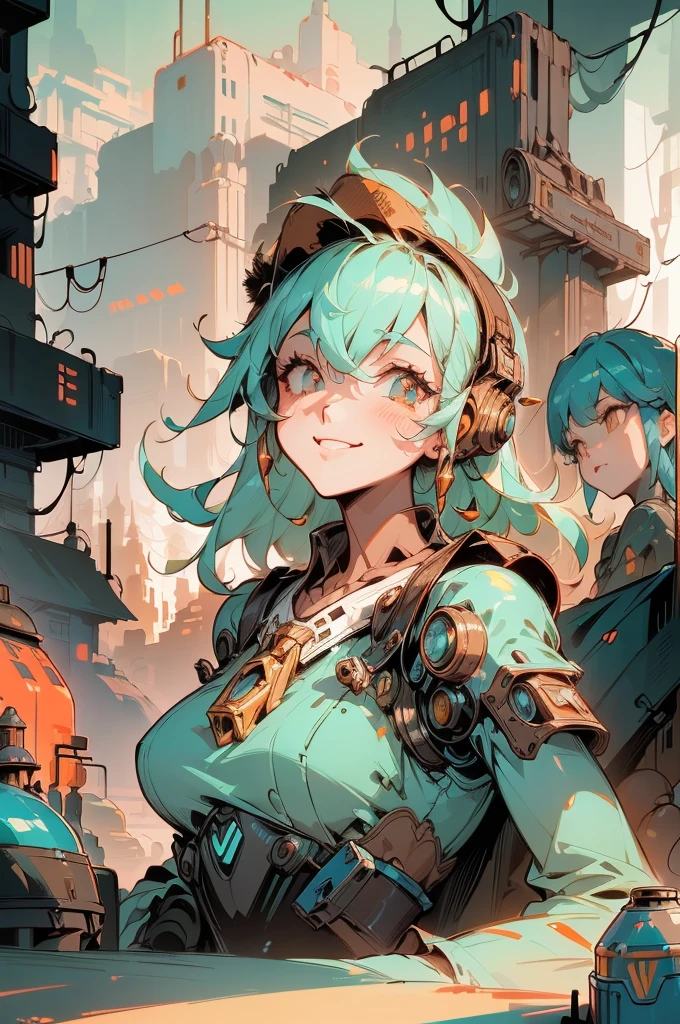 Highest quality、Highly detailed、A beautiful girl who is always smiling、Pure white teeth、Disheveled Hair、Shabby bodysuit、Surrounded by vintage toy robots、A city made of tin and metal like a can、A cluttered city、Retro、Sepia contrast、Rusty Door、Fantasy Punk City、Warm atmosphere