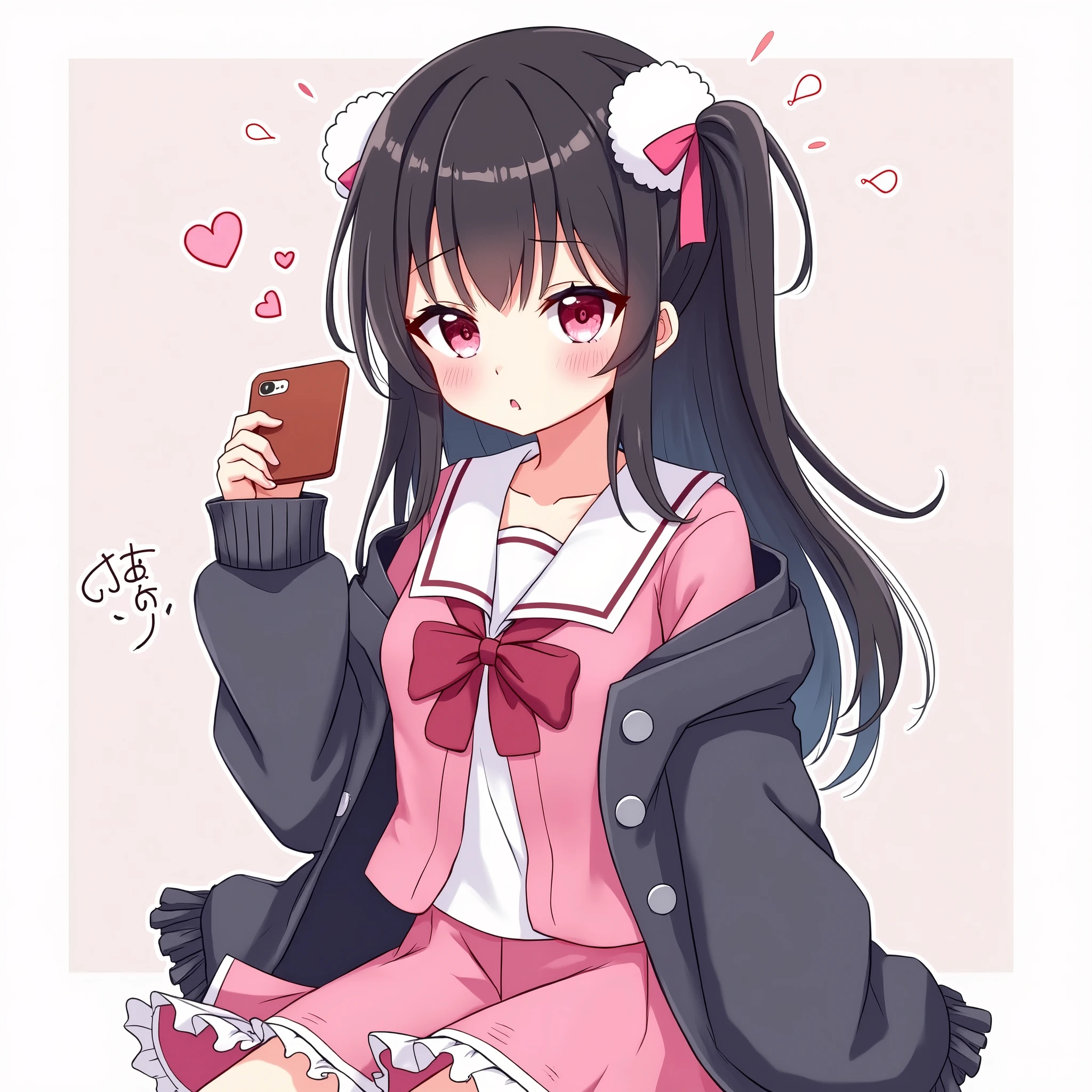 One person, Black Hair,Pink inner color,Half Twin Tail, bangs,Pink Eyes, Droopy eyes,Hearts in eyes, White fluffy hair accessory,Pink hair ribbon, An illustration,skirt,Frills,Mine system,smartphone,Pink Sailor Suit,Dark cardigan,Drooping eyes,Confused eyes,Worried brow,Yandere,Simple background,smartphone,delivery,Illness,high school student,重めパッツンbangs,Half Twin Tail