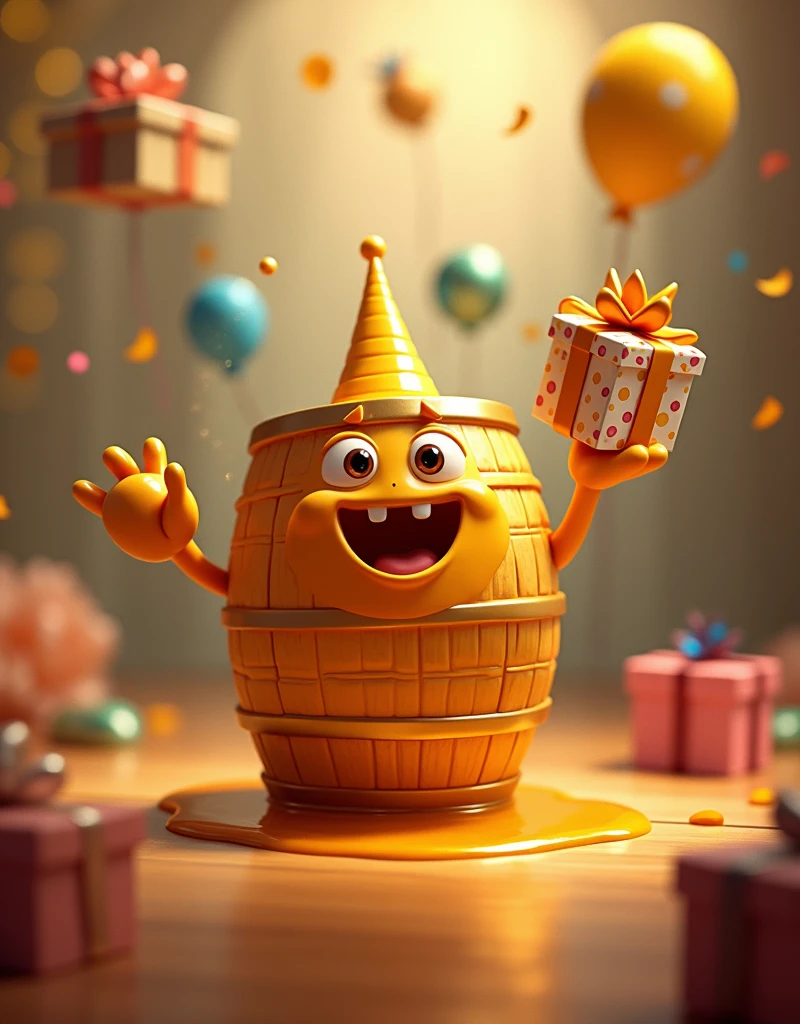 Envision a whimsical birthday scene where an anthropomorphic barrel of honey is the guest of honor. The barrel is full to the brim with gleaming amber honey, spills a little of its contents as it excitedly reaches out to greet the incoming gifts. The gifts are variously shaped and brightly wrapped, each bearing a festive bow. They seem to float towards the barrel, drawn by the merriment and warmth of the joyful celebration. The atmosphere is filled with a sense of anticipation, joy, and the sweet scent of honey.