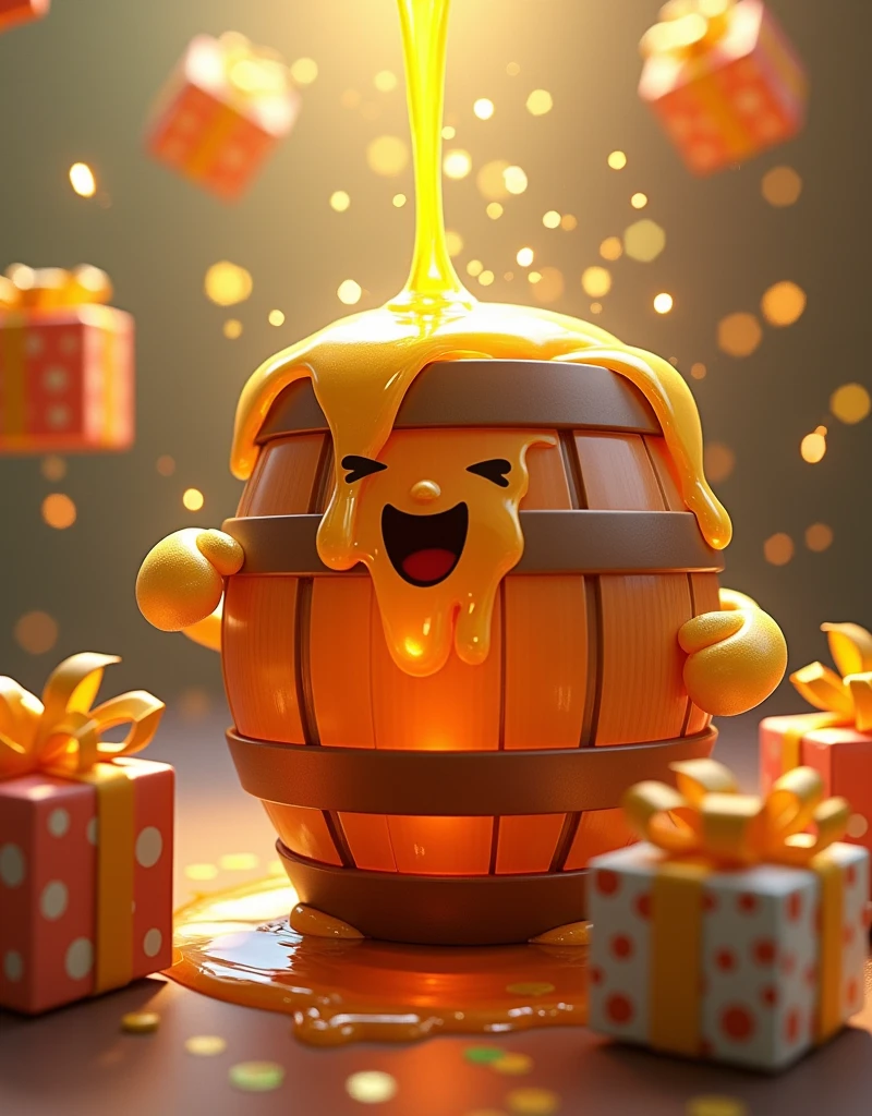 Envision a whimsical birthday scene where an anthropomorphic barrel of honey is the guest of honor. The barrel is full to the brim with gleaming amber honey, spills a little of its contents as it excitedly reaches out to greet the incoming gifts. The gifts are variously shaped and brightly wrapped, each bearing a festive bow. They seem to float towards the barrel, drawn by the merriment and warmth of the joyful celebration. The atmosphere is filled with a sense of anticipation, joy, and the sweet scent of honey.