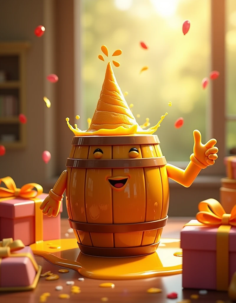 Envision a whimsical birthday scene where an anthropomorphic barrel of honey is the guest of honor. The barrel is full to the brim with gleaming amber honey, spills a little of its contents as it excitedly reaches out to greet the incoming gifts. The gifts are variously shaped and brightly wrapped, each bearing a festive bow. They seem to float towards the barrel, drawn by the merriment and warmth of the joyful celebration. The atmosphere is filled with a sense of anticipation, joy, and the sweet scent of honey.