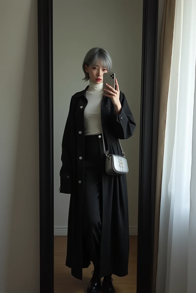 highly detailed, beautiful, hyper Realistic girl, masterpiece, best quality, Japanese sexy gravure woman, 28 years old, identity hidden, takes a selfie in her room using a smartphone in front of a mirror with one hand, fashion model Posing, looking away from the camera, /// gray short hair, light color eyes, Realistic skin, Detailed face, /// black-themed, futuristic-inspired fall outfit, black asymmetrical long shirt with metallic accents paired with a sleek, form-fitting turtleneck in a soft white fabric. Combine this with high-waisted black layered maxi skirt made from a modern, tech-inspired material. Footwear should include black, futuristic sneakers with Thick soles. Accessories might involve a slim, metallic belt and a minimalist silver crossbody bag. The overall look should blend modern functionality with futuristic elements, offering a fresh, forward-thinking take on autumn fashion, /// Monotone simple modern taste single room, mirror, complicated background