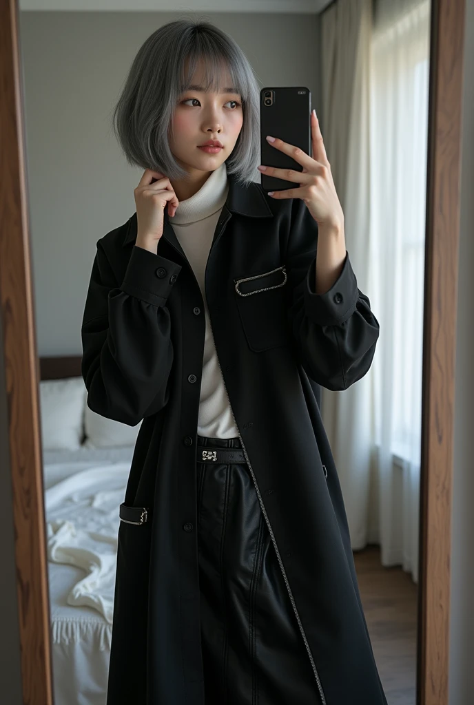 highly detailed, beautiful, hyper Realistic girl, masterpiece, best quality, Japanese sexy gravure woman, 28 years old, identity hidden, takes a selfie in her room using a smartphone in front of a mirror with one hand, fashion model Posing, looking away from the camera, /// gray short hair, light color eyes, Realistic skin, Detailed face, /// black-themed, futuristic-inspired fall outfit, black asymmetrical long shirt with metallic accents paired with a sleek, form-fitting turtleneck in a soft white fabric. Combine this with high-waisted black layered maxi skirt made from a modern, tech-inspired material. Footwear should include black, futuristic sneakers with Thick soles. Accessories might involve a slim, metallic belt and a minimalist silver crossbody bag. The overall look should blend modern functionality with futuristic elements, offering a fresh, forward-thinking take on autumn fashion, /// Monotone simple modern taste single room, mirror, complicated background